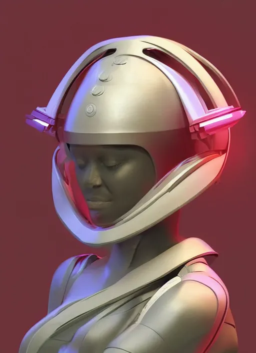 Image similar to a woman in a futuristic helmet with arms crossed, a 3 d render by senior character artist, featured on zbrush central, neo dada, zbrush, polycount, rendered in maya