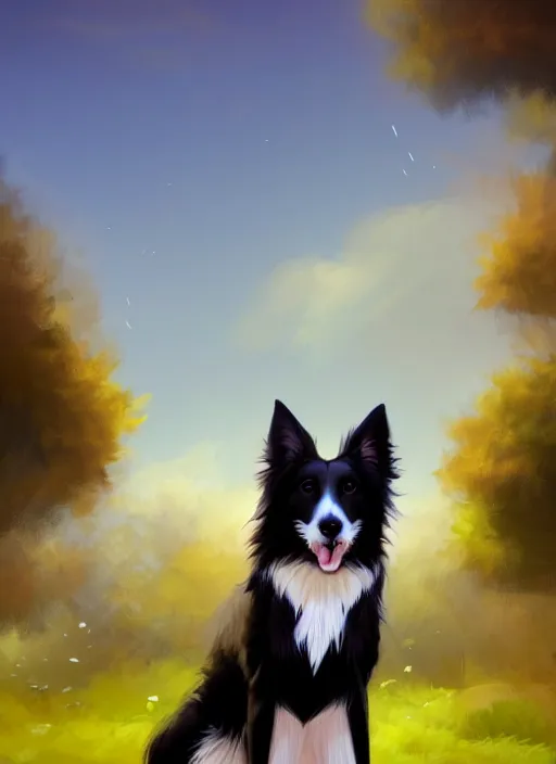 Image similar to wide angle beautiful full body portrait of a cute anthropomorphic anthro male border collie fursona with two legs posing in front of a park, character design by charlie bowater, henry asencio, and ross tran, furry art, furaffinity, scenic background, beautiful, glamor pose, detailed, aesthetic, trending on artstation