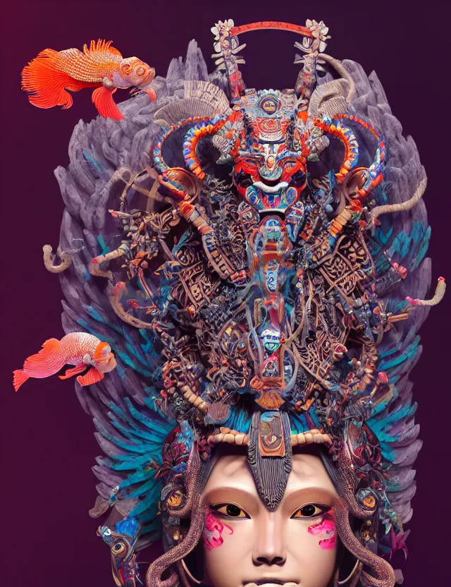 Image similar to 3 d goddess close - up profile portrait aztec with ram skull. beautiful intricately detailed japanese crow kitsune mask and clasical japanese kimono. betta fish, jellyfish phoenix, bio luminescent, plasma, ice, water, wind, creature, artwork by tooth wu and wlop and beeple and greg rutkowski