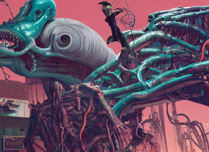 Prompt: a large neon computer with lots of power, attack on titan by francis bacon, surreal, norman rockwell and james jean, greg hildebrandt, triadic color scheme, by greg rutkowski, exotic vegetation, tristan eaton, victo ngai, vibrant triadic color scheme, a still from the film alien, beksinski, hyperrealism