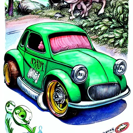 Prompt: racoon riding in a tiny hot rod coupe with oversized engine, ratfink style by ed roth, centered award winning watercolor pen illustration, by vonnie whitworth edited by range murata