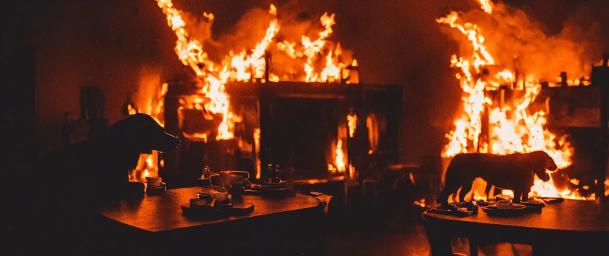 Image similar to a studio photograph (flash on) of a big fire on a dining room on fire, an human-like relaxed dog sitting on a wooden chair at a table (no fire at all there), lights on, ☕ on the table, surrounded by flames, a lot of flames behind the dog, black smoke instead of the ceiling, no watermark