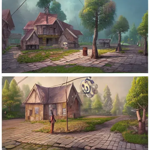 Image similar to gediminas pranckevicius concept art painting of a historic bakery with european and japanese architecture, in a woodland village surrounded by trees, realistic, detailed, cel shaded, in the style of makoto shinkai and greg rutkowski and james gurney