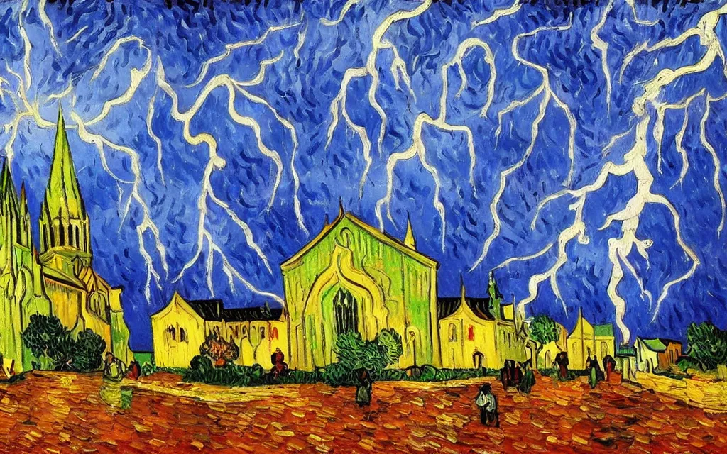 Image similar to expressionist oil painting by van gogh of lightning storm over a tall gothic church, landscape painting, expressionism, 8 k resolution detailed art, small brushstrokes, watercolor palette