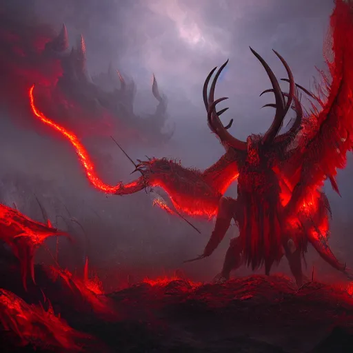 Image similar to A beast with seven heads rising from the sea of blood, ram horned oracle brings fire down from the sky, NGE dark fantasy, highly detailed, digital painting, volumetric light, 8k detailed