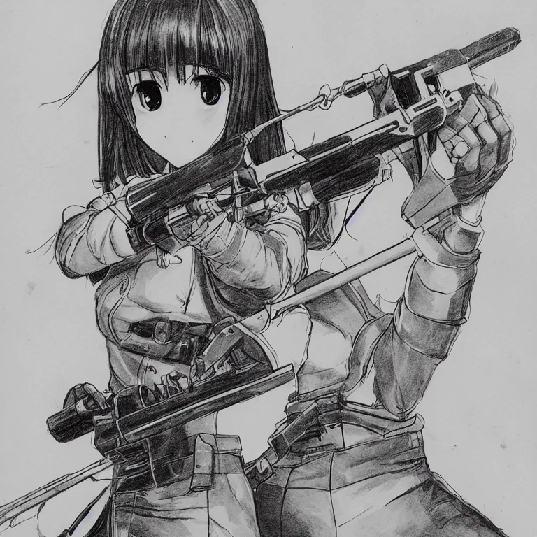 Image similar to manga sketch of a girl wielding a rotary buzzsaw