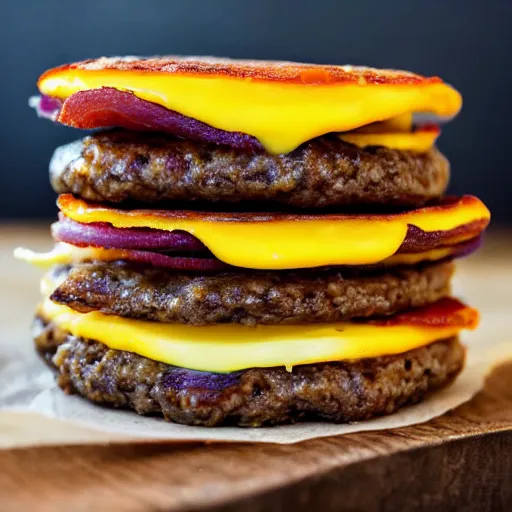 Image similar to 2 hamburger patties stacked on top of each other, medium well, slices of cheese, pickles, cheese, bacon melted