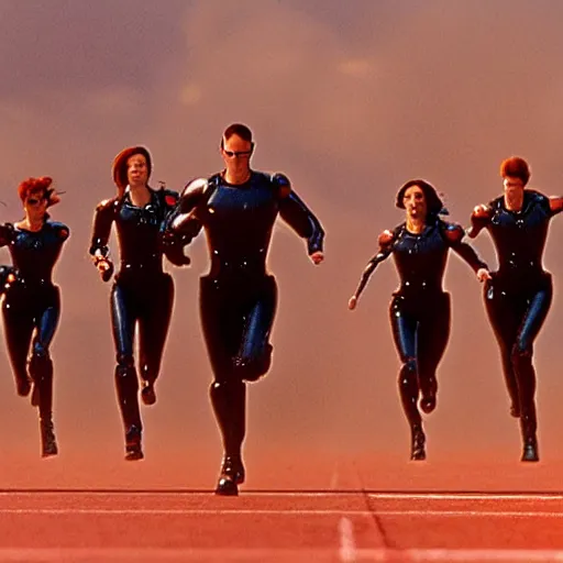 Image similar to The matrix, LeeLoo, Starship Troopers, Sprinters in a race with a clear winner, The Olympics footage, intense moment, cinematic stillframe, shot by Roger Deakins, The fifth element, vintage robotics, formula 1, starring Geena Davis, sports photography, clean lighting