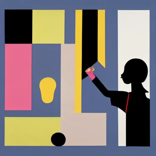 Prompt: a silhouette of a person on the phone, abstract painting in the style of Sophie Taeuber-Arp and Gary Hume and Tatsuro Kiuchi, flat colour-block style, geometric abstraction, dark colours