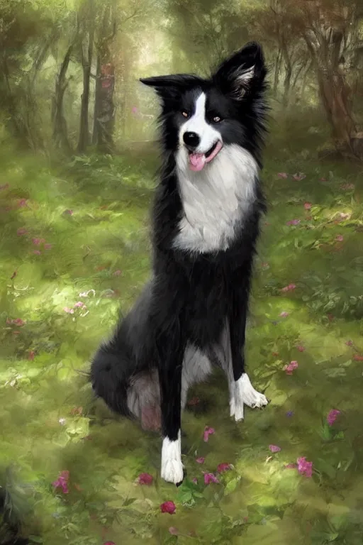 Image similar to portrait of a cute male anthropomorphic border collie fursona wearing a suit in a sunny glade. by henry asencio, jon foster, and ross tran. scenic background, highly detailed, concept art, furry, glamor pose, elegant, aesthetic, beautiful, trending on artstation, top rated on furaffinity and deviantart