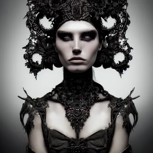 Prompt: a portrait of female model by stefan geselle and nekro borja, photorealistic, intricate details, hyper realistic, dark fantasy, ornate headpiece, dark beauty, photorealistic, canon r 3, photography, wide shot, photography, dark beauty, symmetrical features, beautiful face