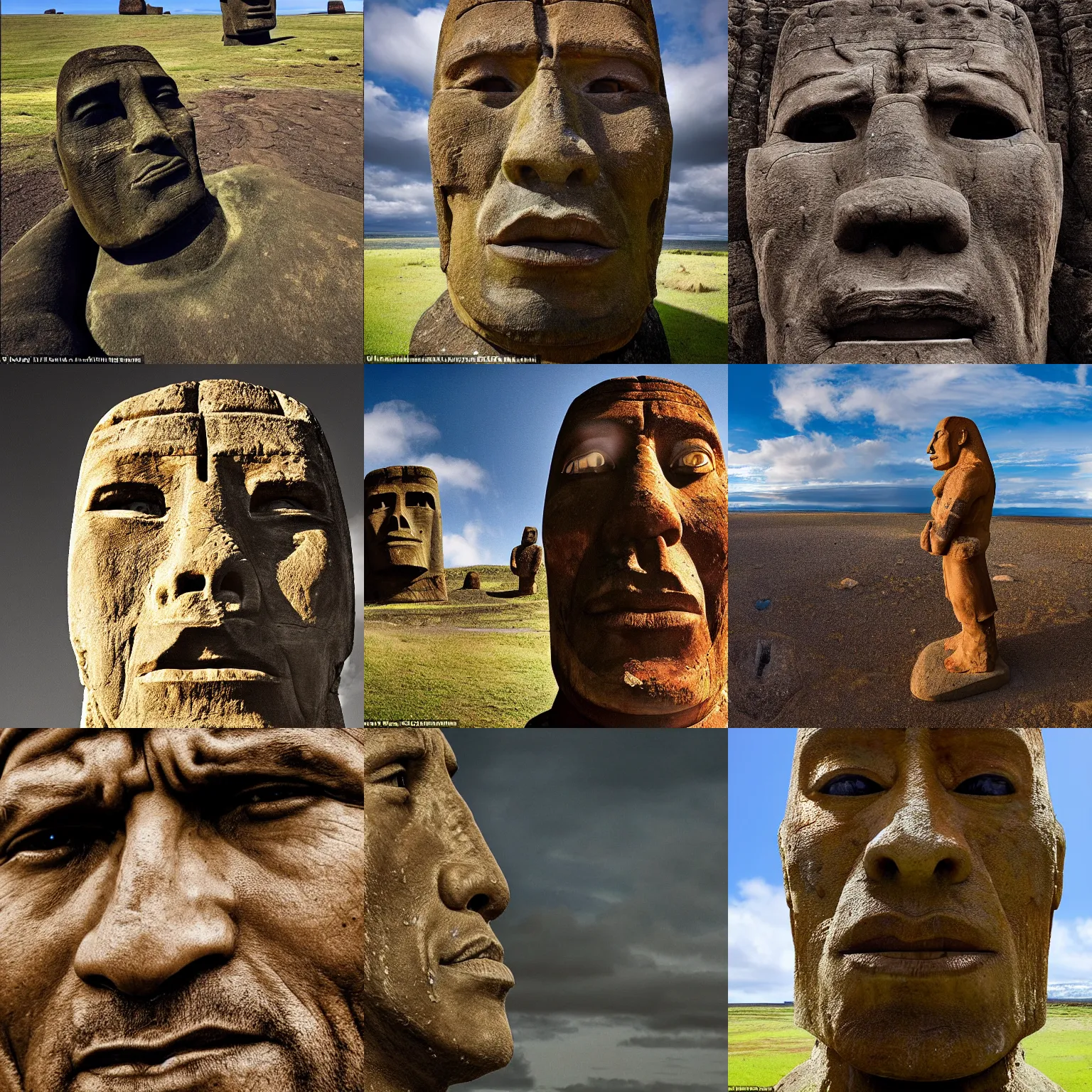 Prompt: extreme long shot of a dwayne the rock johnson as a moai award winning photo, high detail, tranquil, atmospheric, 8k