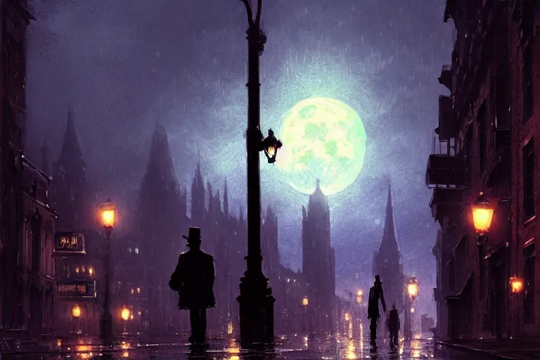 Prompt: a monster silhouette in the sky. a victorian city, scene in a rainy night. full moon, 1 8 9 0, key visual, conceptart, ambient lighting, highly detailed, digital painting, artstation, concept art, sharp focus, by makoto shinkai and akihiko yoshida and greg manchess