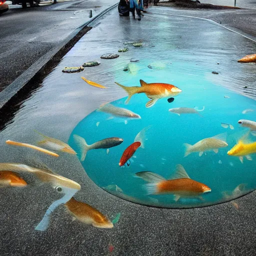 Image similar to a liquid sidewalk with a group of fish swimming inside it