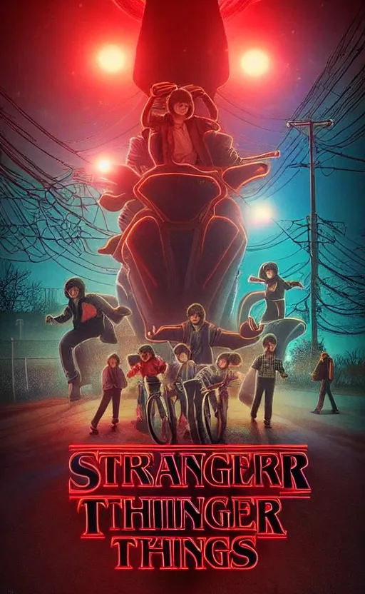 Prompt: stranger things inspired wallpaper, red ambience, at night, creepy over the street in the background, dynamic lighting, photorealistic fantasy concept art, trending on art station, stunning visuals, creative, cinematic, ultra detailed