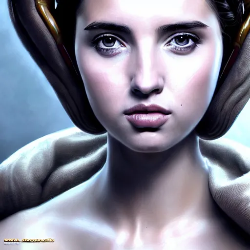 Prompt: ana de armas as princess leia, digital painting, extremely detailed, 4 k, intricate, brush strokes, mark arian, artgerm, bastien lecouffe - deharme