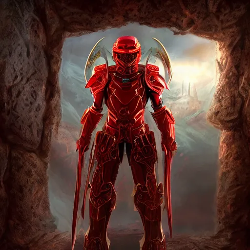 Prompt: blood knight, glowing halo, fantasy art, red intricate armor, located in a castle, morning sunlight through the window, decorated, high quality, highly detailed, 4 k