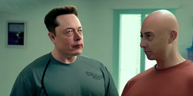 Image similar to scene with bald elon musk in a tracksuit in trailer park boys