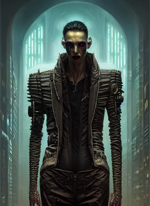 Prompt: portrait shot of a cyberpunk vampire in a scenic dystopian environment, intricate, elegant, highly detailed, centered, digital painting, artstation, concept art, smooth, sharp focus, illustration, artgerm, tomasz alen kopera, peter mohrbacher, donato giancola, joseph christian leyendecker, wlop, boris vallejo