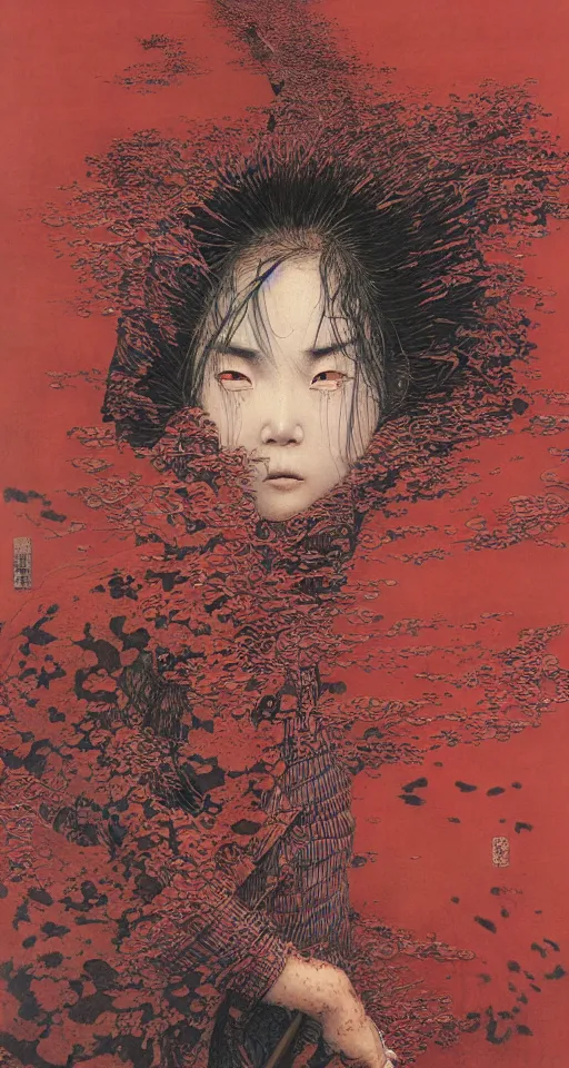 Image similar to Japanese schoolgirl runs away from Samurai with a katana on the subway, high detailed Beksinski painting, part by Adrian Ghenie and Gerhard Richter. art by Takato Yamamoto. masterpiece, deep colours, red