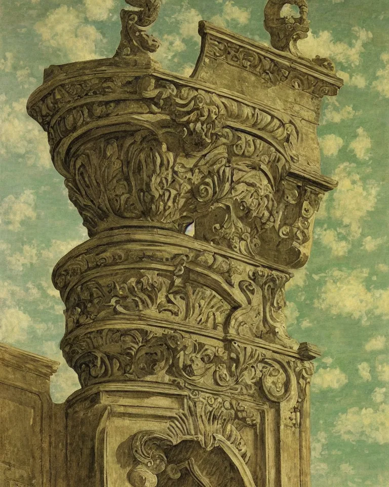 Image similar to achingly beautiful painting of intricate ancient roman corinthian capital on olive drab background by rene magritte, monet, and turner. giovanni battista piranesi.