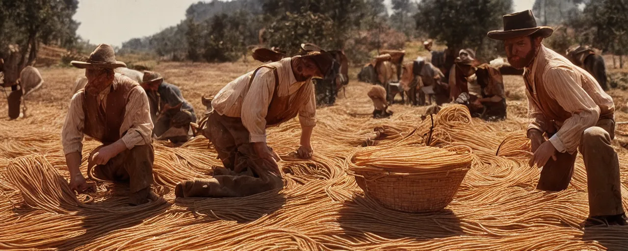 Prompt: harvesting spaghetti during the gold rush, hyper - realistic faces, intricate, sigma 5 0 mm, cinematic lighting, photography, wes anderson, film, kodachrome