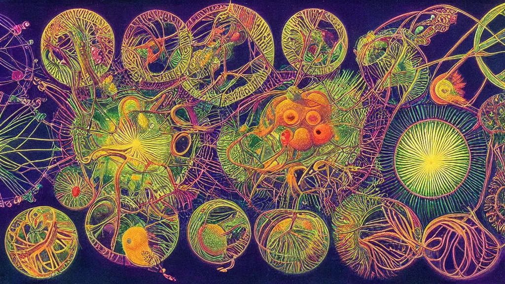 Image similar to quantum connections represented as symbiotic organisms like cells playing around with colorful lights by ernst haeckel, very very very good