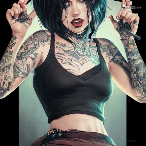 Image similar to enchanting bar maid, tattoos, black t - shirt, black skirt, detailed portrait, intricate complexity, by greg rutkowski, artgerm, ross tran, conrad roset, takato yomamoto, ilya kuvshinov. 4 k, beautiful, cinematic dramatic atmosphere