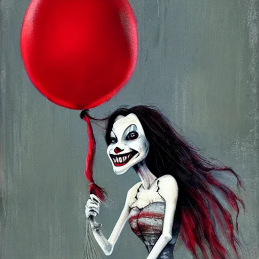 Image similar to grunge painting of anabelle with a wide smile and a red balloon by chris leib, loony toons style, pennywise style, corpse bride style, horror theme, detailed, elegant, intricate