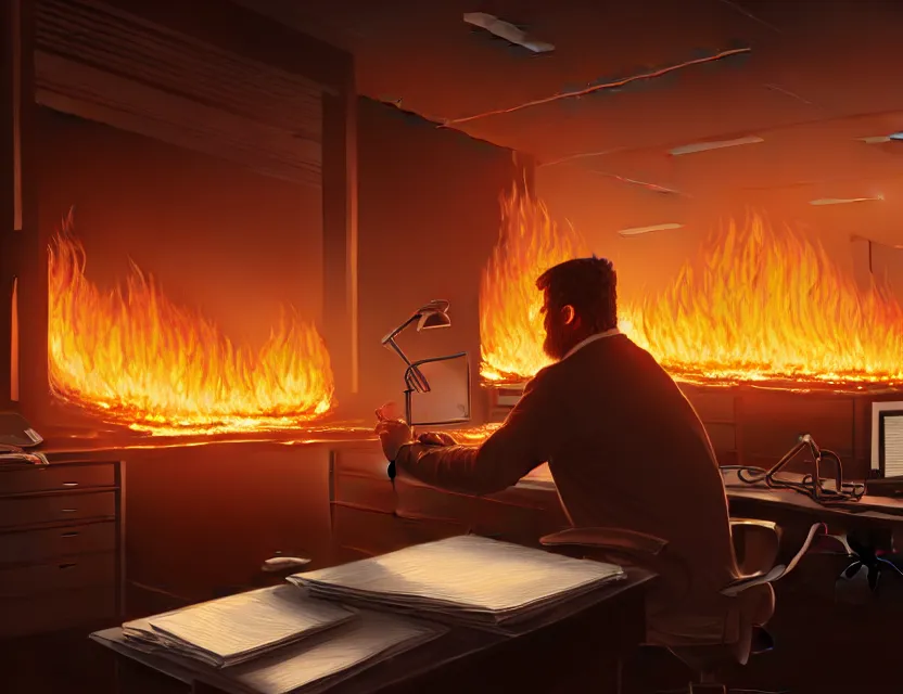 Image similar to a man works at a workstation in a very big office with burning fires, close up, featured in artstation, intricate, ultra detailed, unreal engine, concept art, wide - angle lens, sharp focus, illustration, 8 k