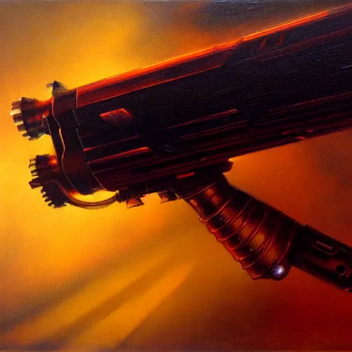 Prompt: a les edwards sci - fi style sci - fi weapon, oil on canvas, smooth, sharp focus, vibrant volumetric natural light.