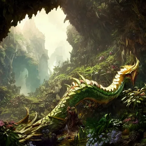 Image similar to Giant Dragon resting in a cave, natural light, lush plants and flowers, elegant, intricate, fantasy, atmospheric lighting, by Greg rutkowski, league of legends splash art
