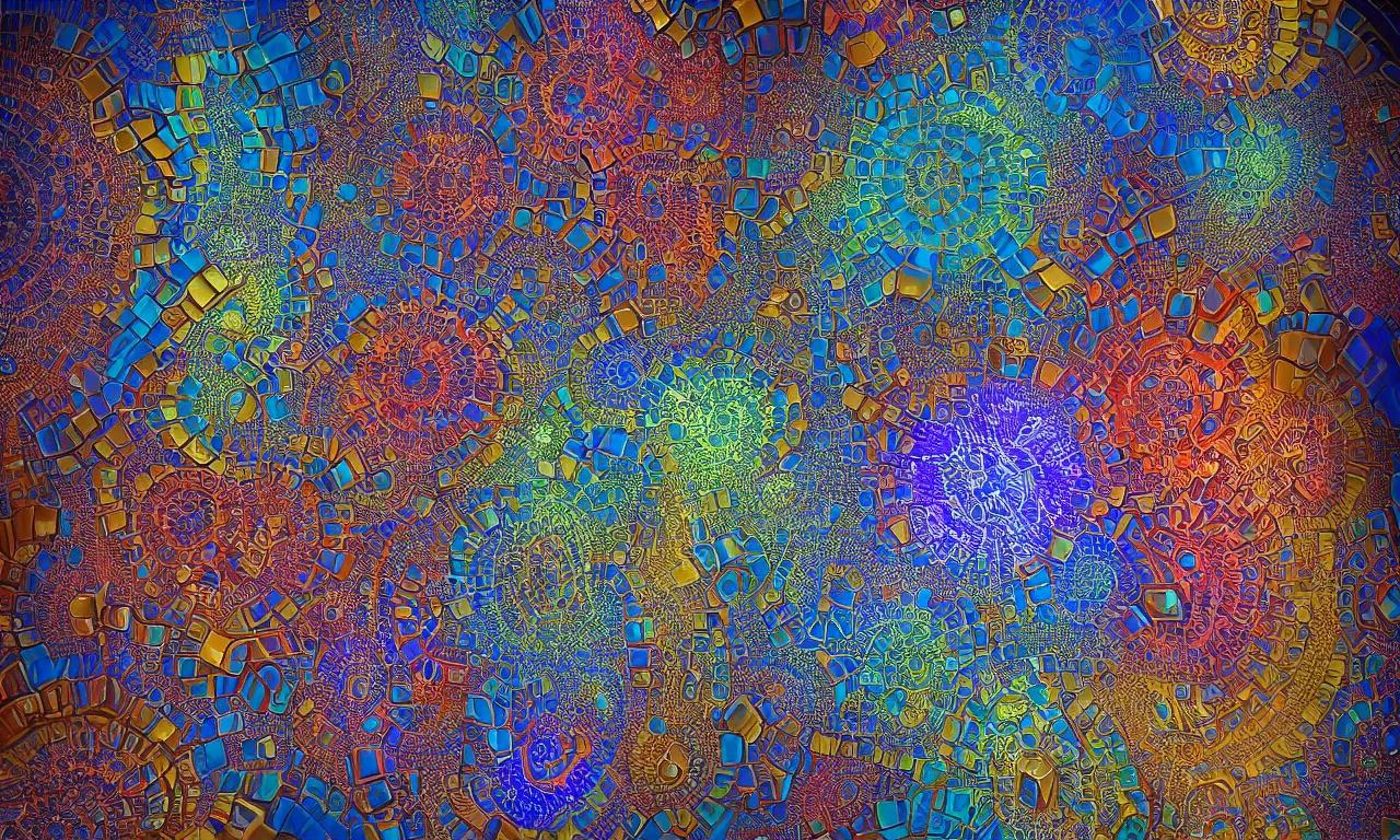 Image similar to mandelbrot 3 d volume fractal mandala ceramic chakra digital color stylized times square on a rainy bustling evening, bright lights big city