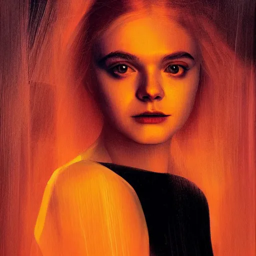 Prompt: Elle Fanning surrounded by orange napalm flames in the style of Paola Vetri, head and shoulders portrait, stormy weather, extremely detailed masterpiece, oil on canvas, low-key neon lighting, artstation, Blade Runner 2049, Roger Deakin’s cinematography, by J. C. Leyendecker and Peter Paul Rubens and Edward Hopper and Michael Sowa,