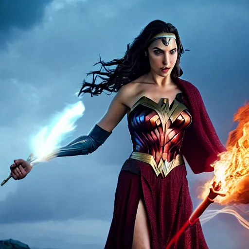 Image similar to gal gadot as a wizard with a robe casting fire spells, depth of field, zeiss lens, detailed, symmetrical, centered, fashion photoshoot, by Annie Leibovitz and Steve McCurry, David Lazar, Jimmy Nelsson, Breathtaking, 8k resolution, extremely detailed, beautiful, establishing shot, artistic, hyperrealistic, beautiful face, octane render