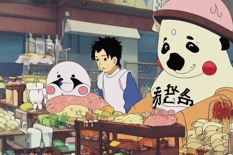 Prompt: studio ghibli anime film ham panda, about a girl and her best panda friend working at a deli, miyazaki movie
