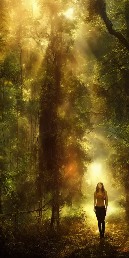 Image similar to a photorealistic cyborg, in a beautiful forest with sunshine and tropical rain clouds, golden hour, trending on theater, 4K, cinematic, cinematograhic lighting, UHD, HDR