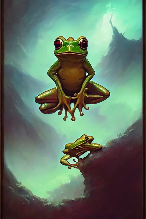 Prompt: a portrait of a stunning humanoid frog, by pete mohrbacher and greg rutkowski, in frame, low angle, fantasy