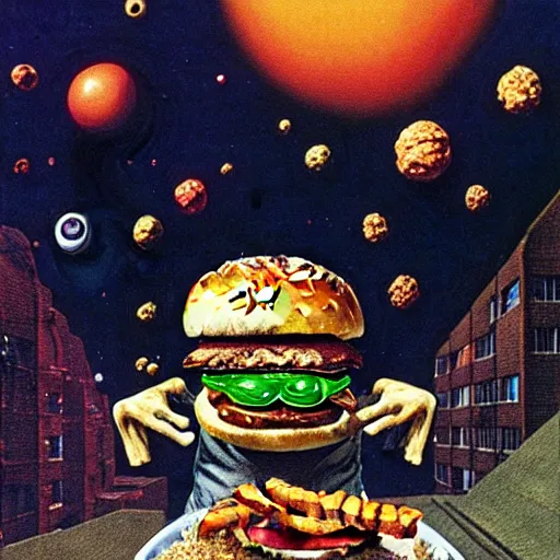 Image similar to a man with a frog head eating cheeseburger in front of devastating broken building in space, by by otto dix, junji ito, hr ginger, jan svankmeyer, beksinski, claymation, hyperrealistic aesthetic, masterpiece