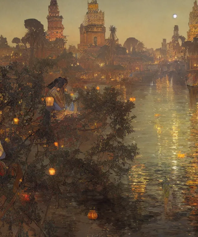 Prompt: a beautiful painting of the view from the river of the lantern festival in a an ancient egyptian city, at night with a sky full of stars, intricate, elegant, highly detailed, digital painting, artstation, concept art, by krenz cushart and artem demura and alphonse mucha