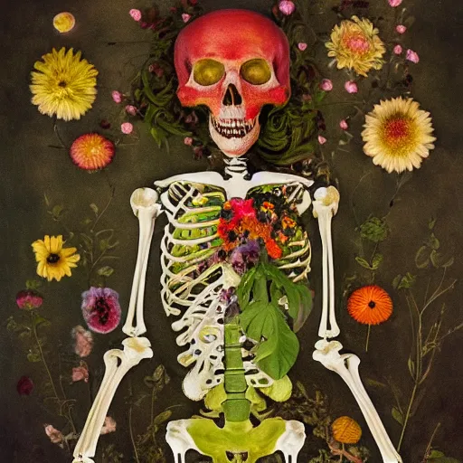 Prompt: 'Life from death' A beautiful detailed aesthetic horror full body painting depicting 'A skeleton with plants and flowers growing all over it, birds and bees flying all around it' by Odilon Redon and giuseppe arcimboldo, Trending on cgsociety artstation, 8k, masterpiece, cinematic lighting.