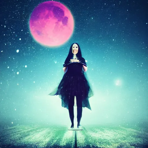 Image similar to A sad spiritual witch standing on a deserted planet looking at camera, distant background, red lighting, ominous, moonlight, bokeh, detailed face synthwave, psychedelic, glitch, acrylic, flooko, detailed,