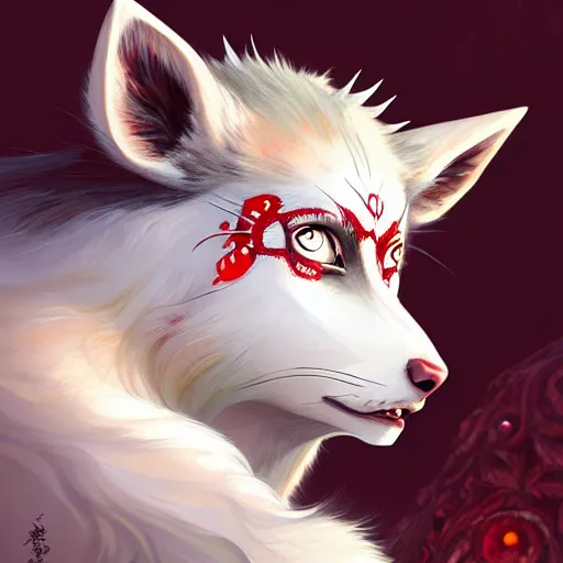 Prompt: Portrait of Princess Mononoke with red facepaint under her eyes, white fur, face, fantasy, intricate, elegant, highly detailed, digital painting, artstation, concept art, smooth, sharp focus, illustration, art by Fernanda Suarez and Artem Demura and alphonse mucha