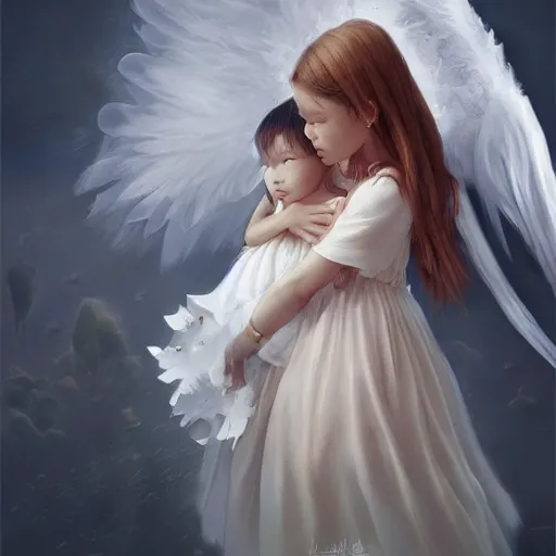 Image similar to Angel protecting child by Lin Chang, very detailed, deviantart, artstation