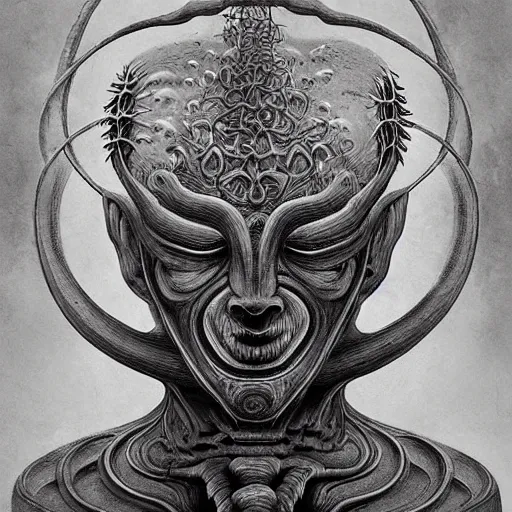 Prompt: a naraka buddhist alien demon korean, thailand art, tubular creature, blood vessels, black energy, dystopian surrealism, artstyle alex ries zdzisław beksinski, symmetry accurate features, very intricate details, high resolution, symmetrical long head, smooth marble surfaces, detailed ink illustration, metal gear, cinematic smooth stone, deep aesthetic, concept art