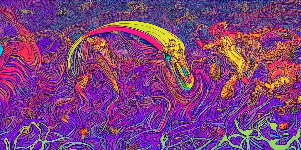 Prompt: a highly detailed illustration of psychedelic world, by moebius, by alex gray, full resolution, blue, pink, purple, yellow, red, green