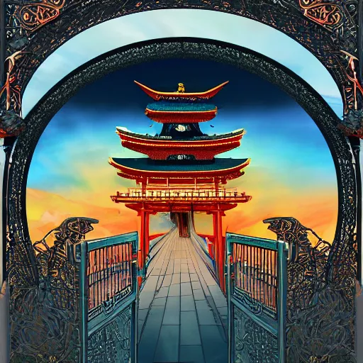 Image similar to infinite majestic shinto shrine portal, dark gate, magic door, pyromancer mage : : 1 full of colorpalette rippled layers, clouds, vines, swirls, curves, ultra fine detail, swirling clouds, artstation trending, art nouveau, raytracing, highly detailed, magic art nouveau rococo architecture