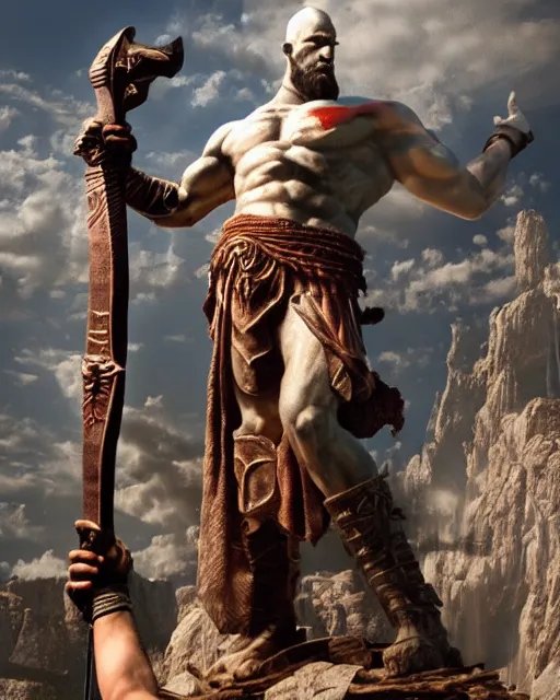 Image similar to a gigantic 1 0 0 0 foot bronze statue of a kratos holding his spear and shield, god of war, fantasy landscape, thousands of tiny onlookers, photorealistic, atmospheric