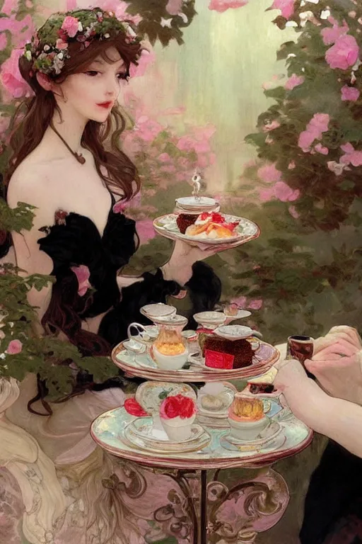 Image similar to a beautiful painting of afternoon tea, rose, black tea, highly detailed, shimmering and prismatic, rococo, by krenz cushart and mucha and monet, trending on artstation.