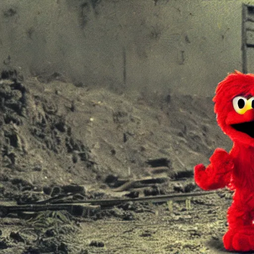 Prompt: elmo in the movie platoon 4k, high detail, high-resolution photograph, gory, war, vietnam